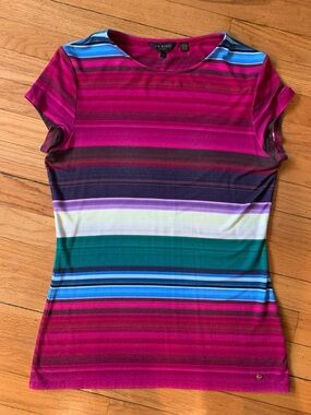 Ted Baker Fuchsia Multi-Striped Short Sleeve Tee Sz 3 (~US M)
